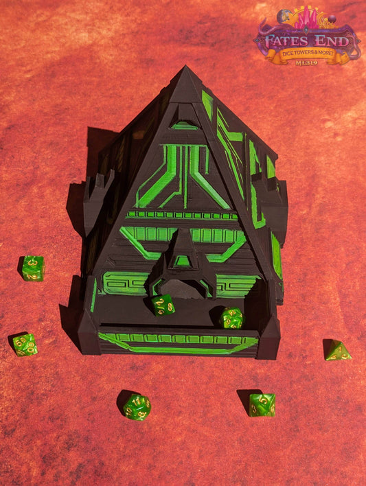 Alien Pyramid 3D Printed Dice Tower - Fate's End Collection - Channel Cosmic Mysteries with Each Ancient Roll! - Black / Yes- Include Random Dice Set