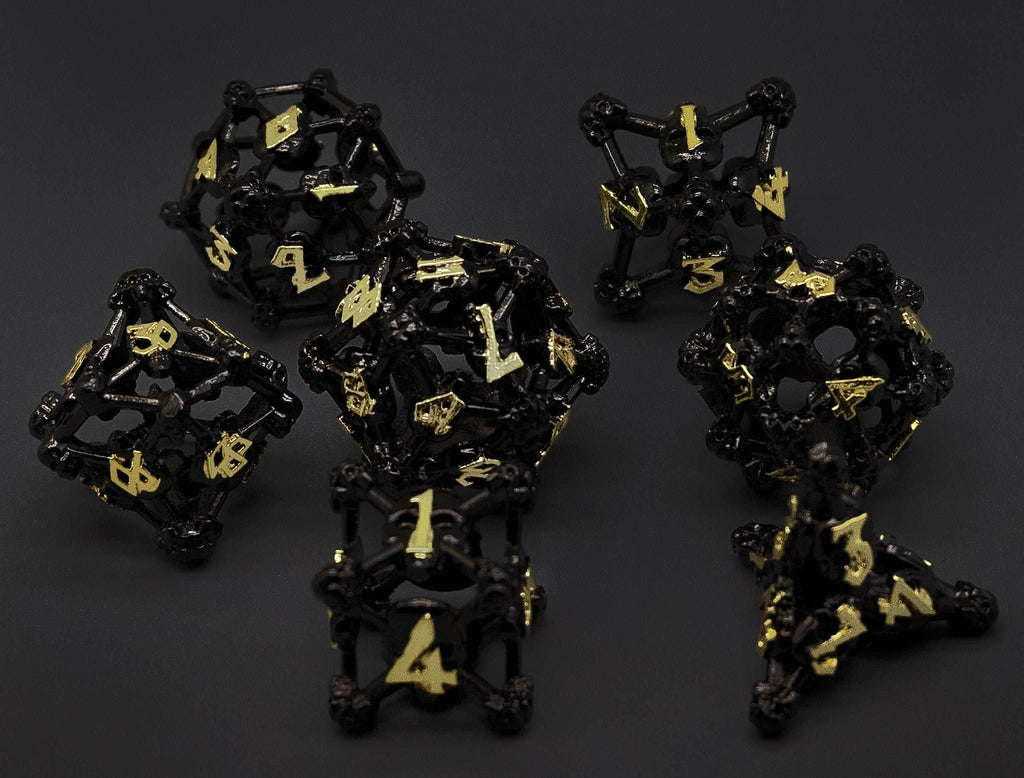 Black w/Gold Deadly Skull Dice Hollow Metal 7-Dice Set - 7-Dice Set