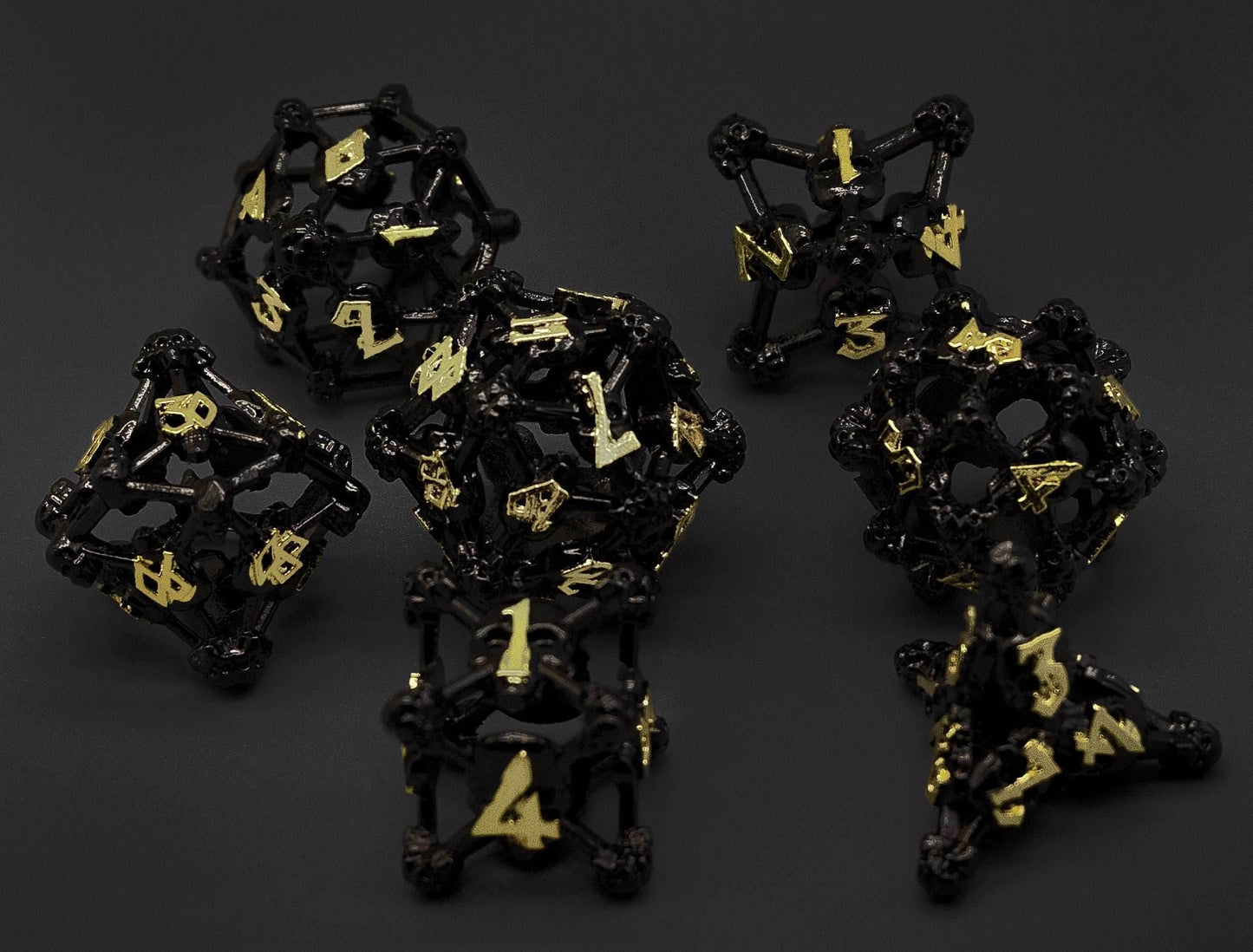 Black w/Gold Deadly Skull Dice Hollow Metal 7-Dice Set - 7-Dice Set