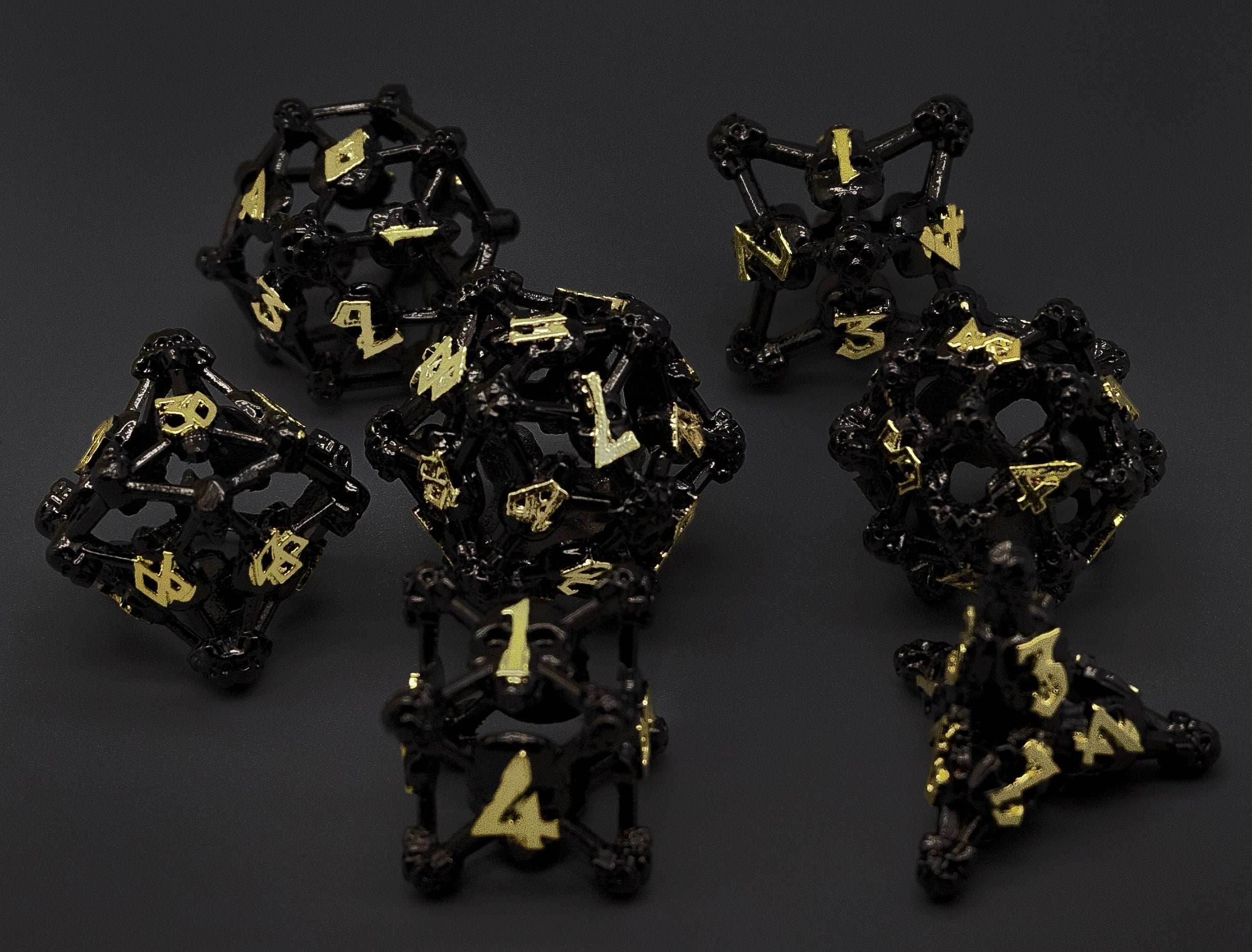 Black w/Gold Deadly Skull Dice Hollow Metal 7-Dice Set - 7-Dice Set