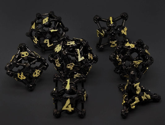 Black w/Gold Deadly Skull Dice Hollow Metal 7-Dice Set - 7-Dice Set