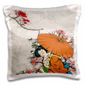 3dRose Dooni Designs Oriental Inspired Designs - Lovely Japanese Geisha WIth Umbrella And Sakura Cherry Blossom Flowers Illustration - Pillow Cases (pc_119153) - 16x16 inch Pillow Case