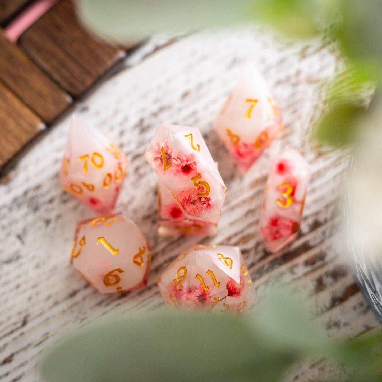 Pink Blossom Handmade Resin DND Dice Set - Full Set And Free Dice Box