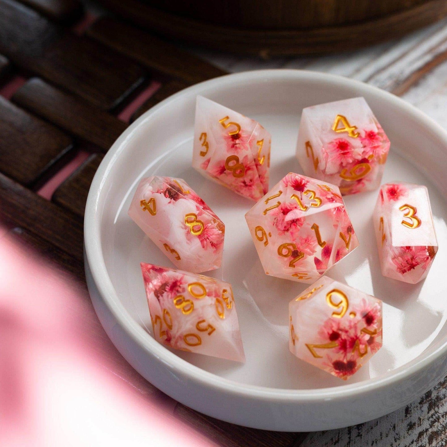 Pink Blossom Handmade Resin DND Dice Set - Full Set And Free Dice Box