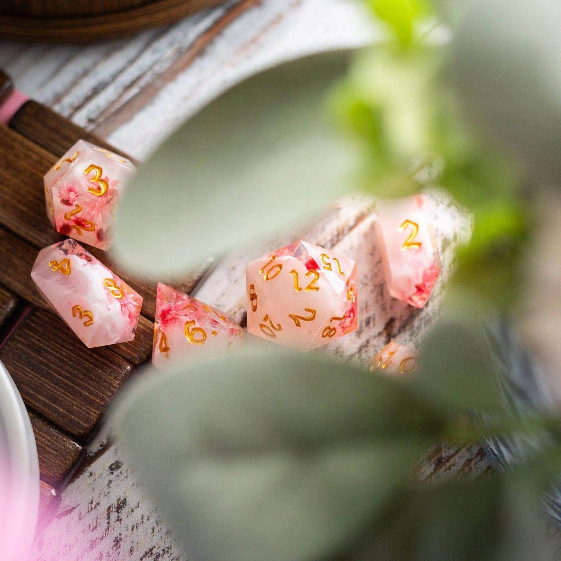 Pink Blossom Handmade Resin DND Dice Set - Full Set And Free Dice Box
