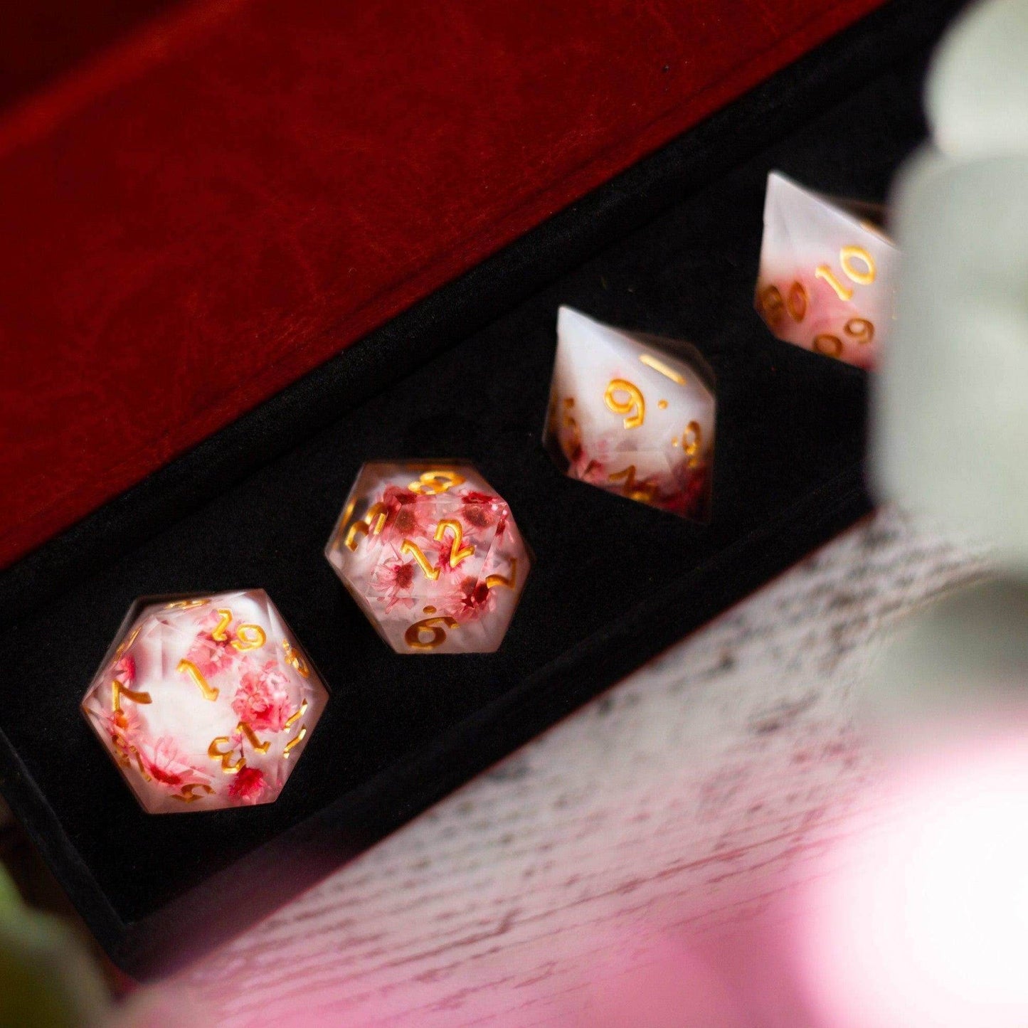 Pink Blossom Handmade Resin DND Dice Set - Full Set And Free Dice Box