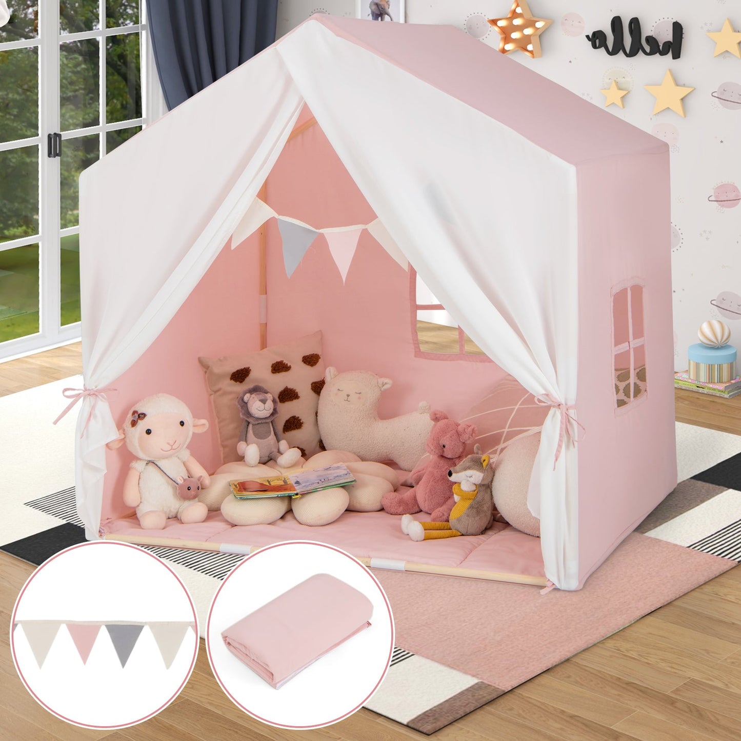 Kid's Play Tent with Washable Cotton Mat and Flag Banner-Pink
