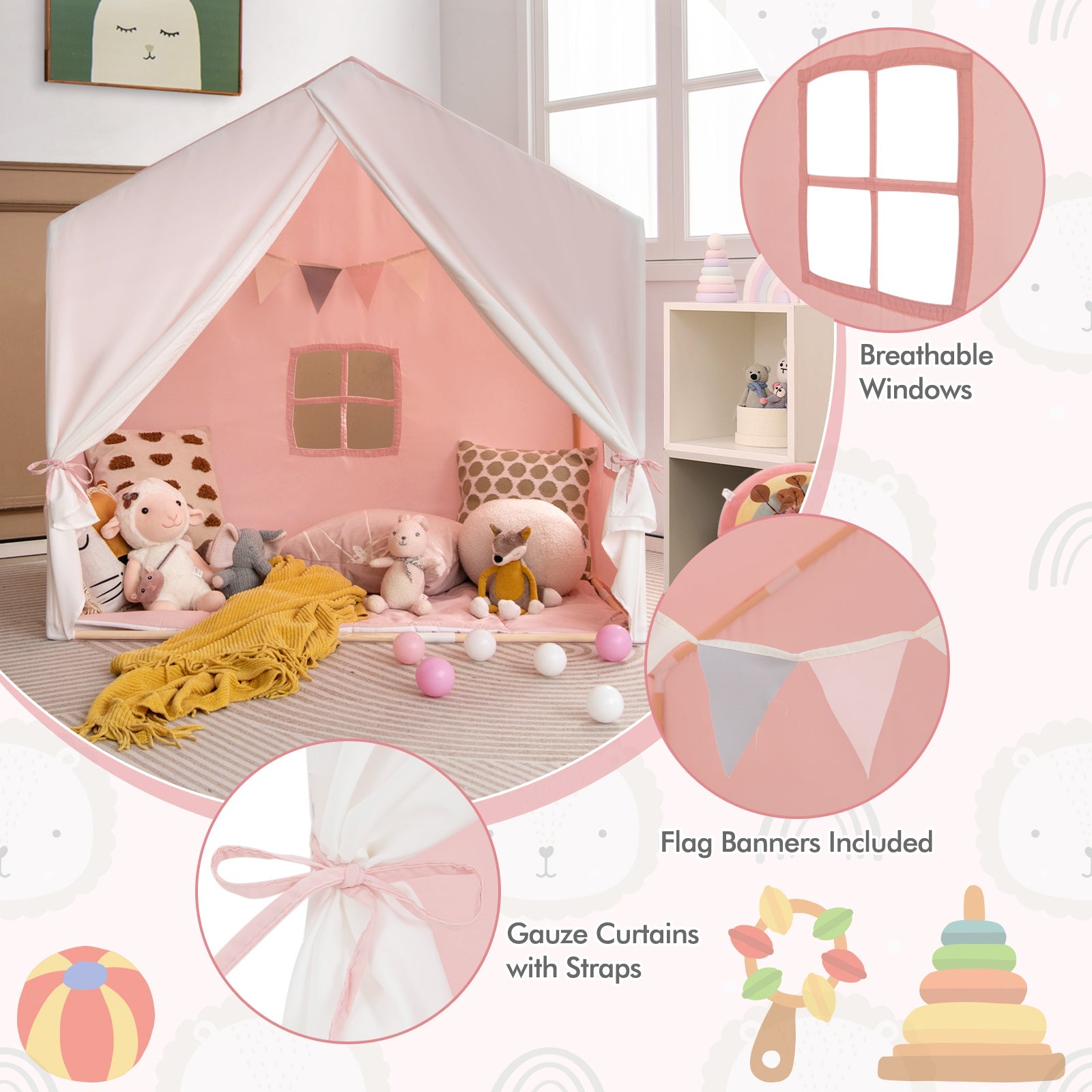 Kid's Play Tent with Washable Cotton Mat and Flag Banner-Pink