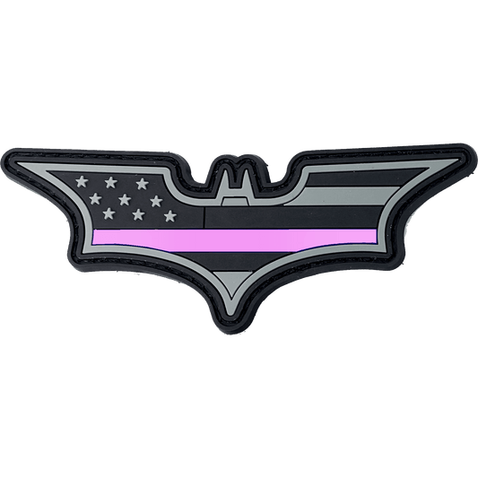 BL15-022 Super Hero inspired Bat Thin Pink Line PVC Patch hook and loop back Police Breast Cancer Awareness - 