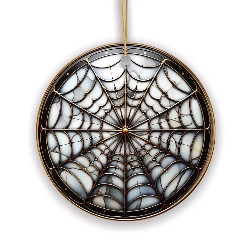 Golden Arachnid Haunt Intricate Spider Web Stained Glass Style Ceramic Ornament, Halloween Themed Christmas Gift and Decor - Circle