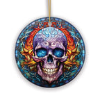 Grim Guardian Haunting Skull Stained Glass Style Ceramic Ornament, Halloween Themed Christmas Gift and Decor - Circle