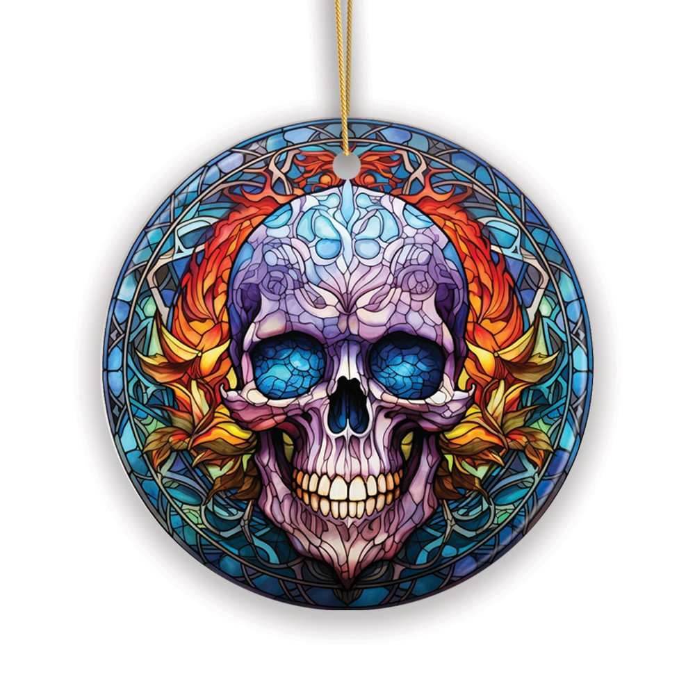 Grim Guardian Haunting Skull Stained Glass Style Ceramic Ornament, Halloween Themed Christmas Gift and Decor - Circle