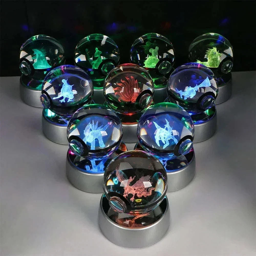Pokemon 3D Crystal Ball Pikachu Gengar Eevee Mewtwo Anime Pokeball with Led Night Light Base
