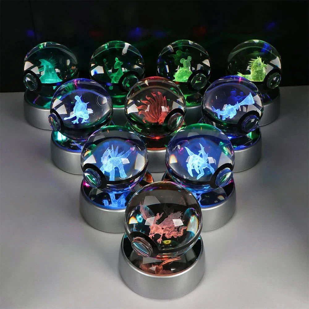 Pokemon 3D Crystal Ball Pikachu Gengar Eevee Mewtwo Anime Pokeball with Led Night Light Base