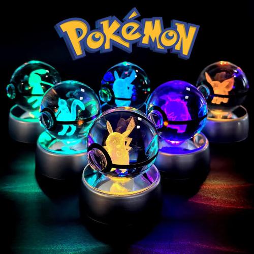 Pokemon 3D Crystal Pokeball with LED Light Base, Kids Anime Toy Gifts 2 in