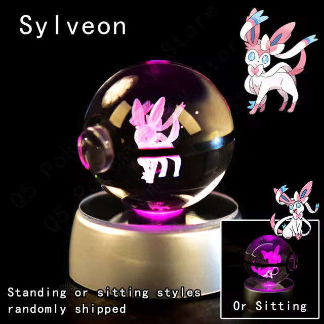 Pokemon 3D Crystal Pokeball with LED Light Base, Kids Anime Toy Gifts 2 in