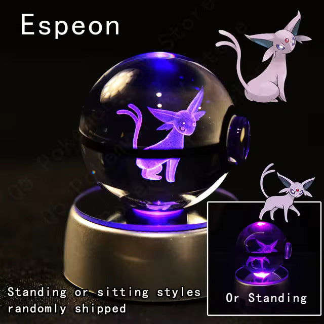 Pokemon 3D Crystal Pokeball with LED Light Base, Kids Anime Toy Gifts 2 in