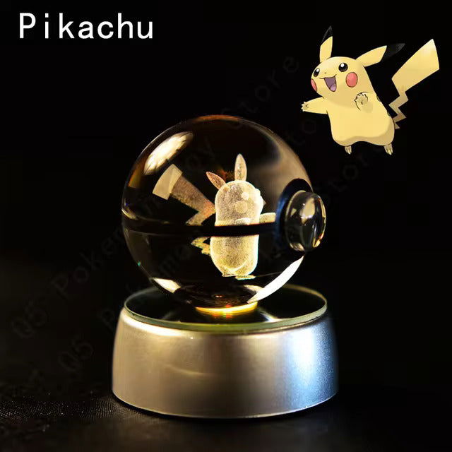 Pokemon 3D Crystal Pokeball with LED Light Base, Kids Anime Toy Gifts 2 in