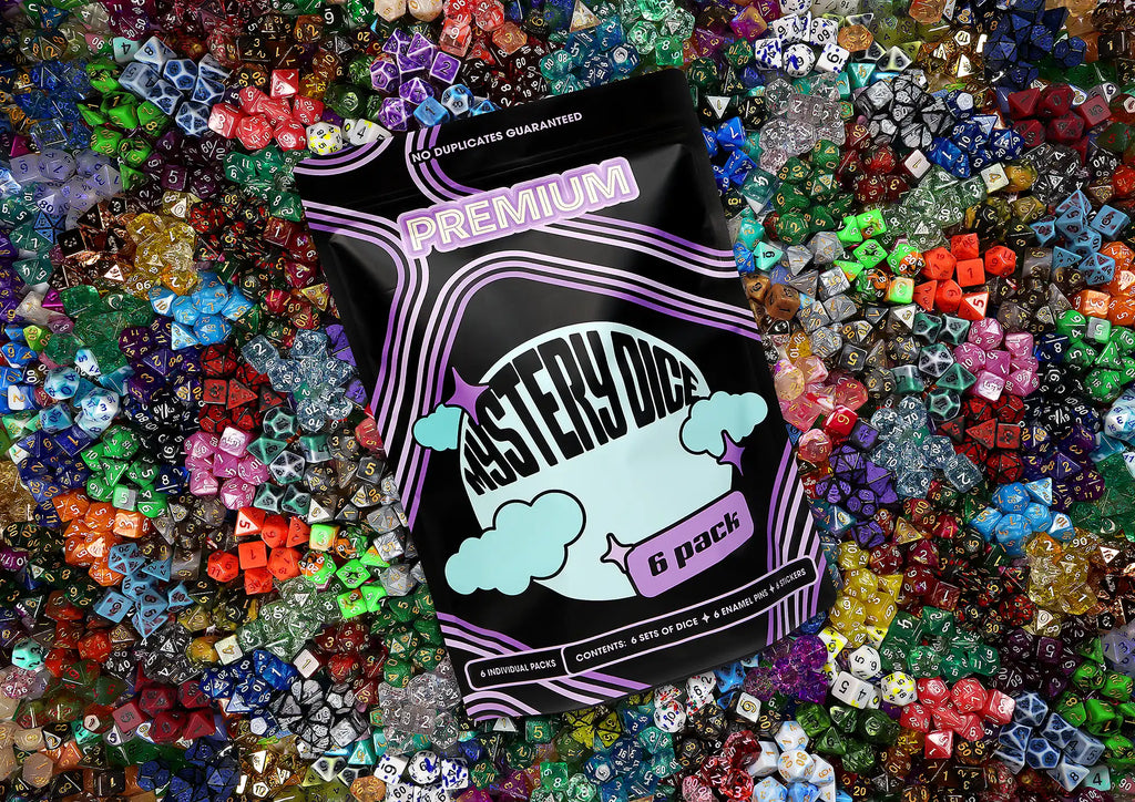 Premium Mystery Dice 6 Pack – Dice, Pins, and Stickers! No Duplicates!