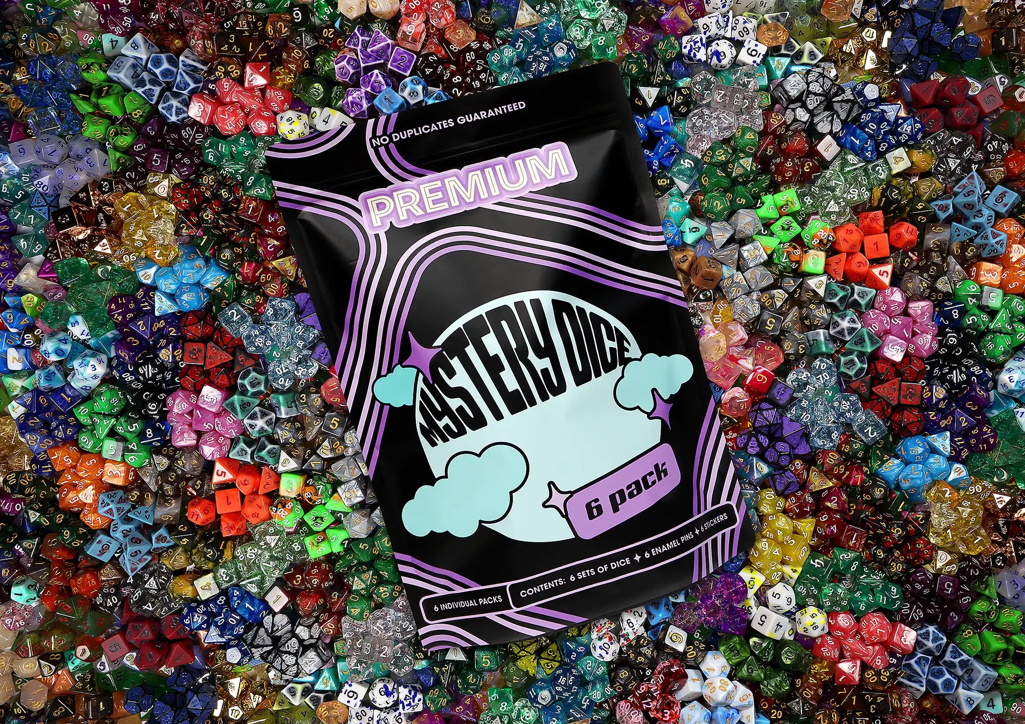 Premium Mystery Dice 6 Pack – Dice, Pins, and Stickers! No Duplicates!