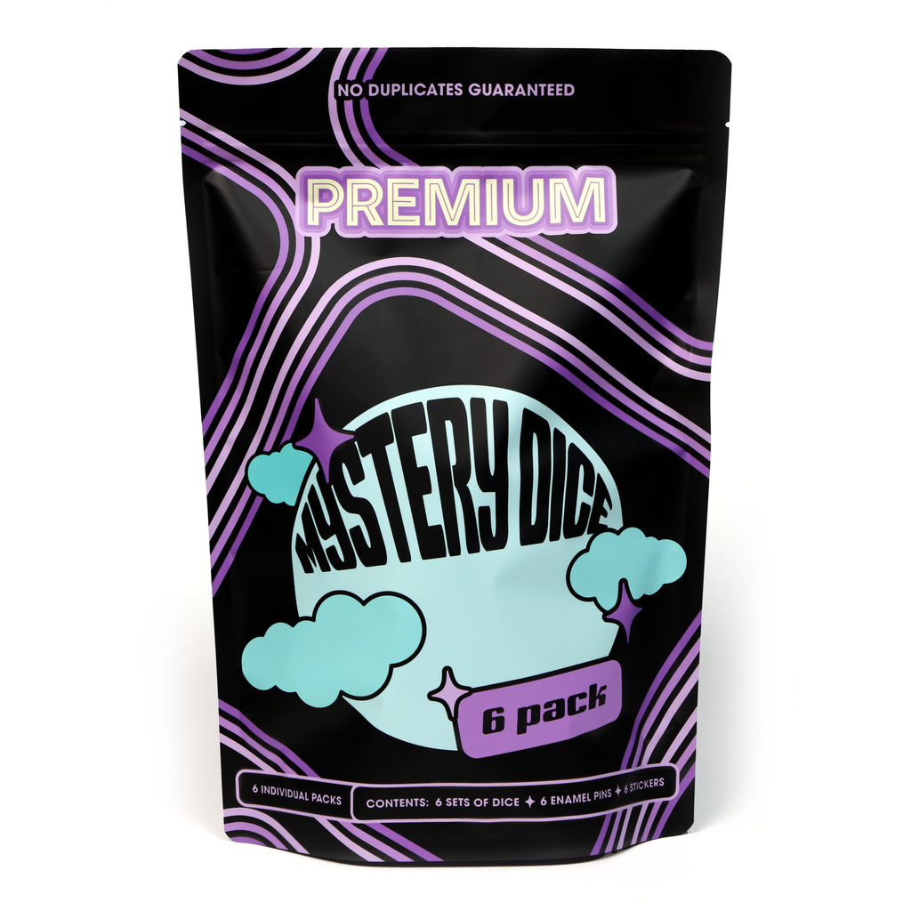Premium Mystery Dice 6 Pack – Dice, Pins, and Stickers! No Duplicates!