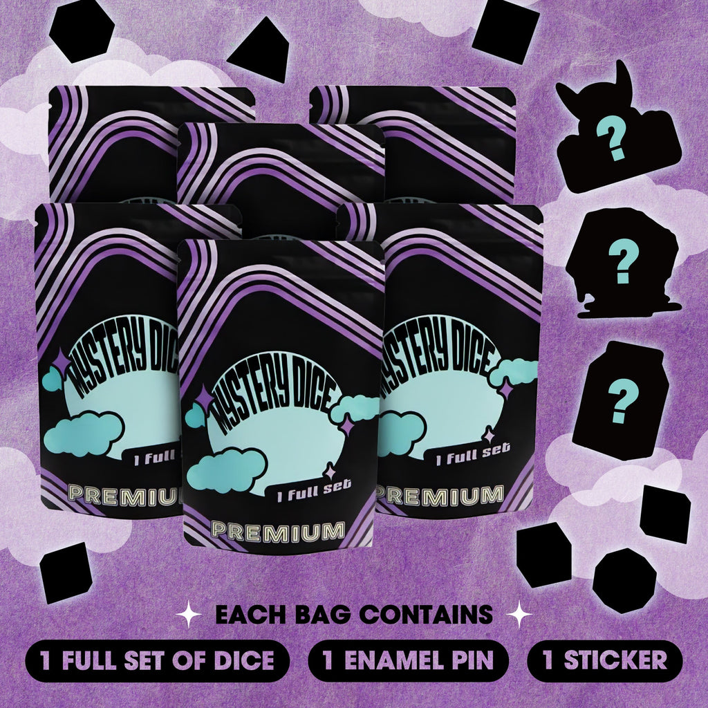 Premium Mystery Dice 6 Pack – Dice, Pins, and Stickers! No Duplicates!