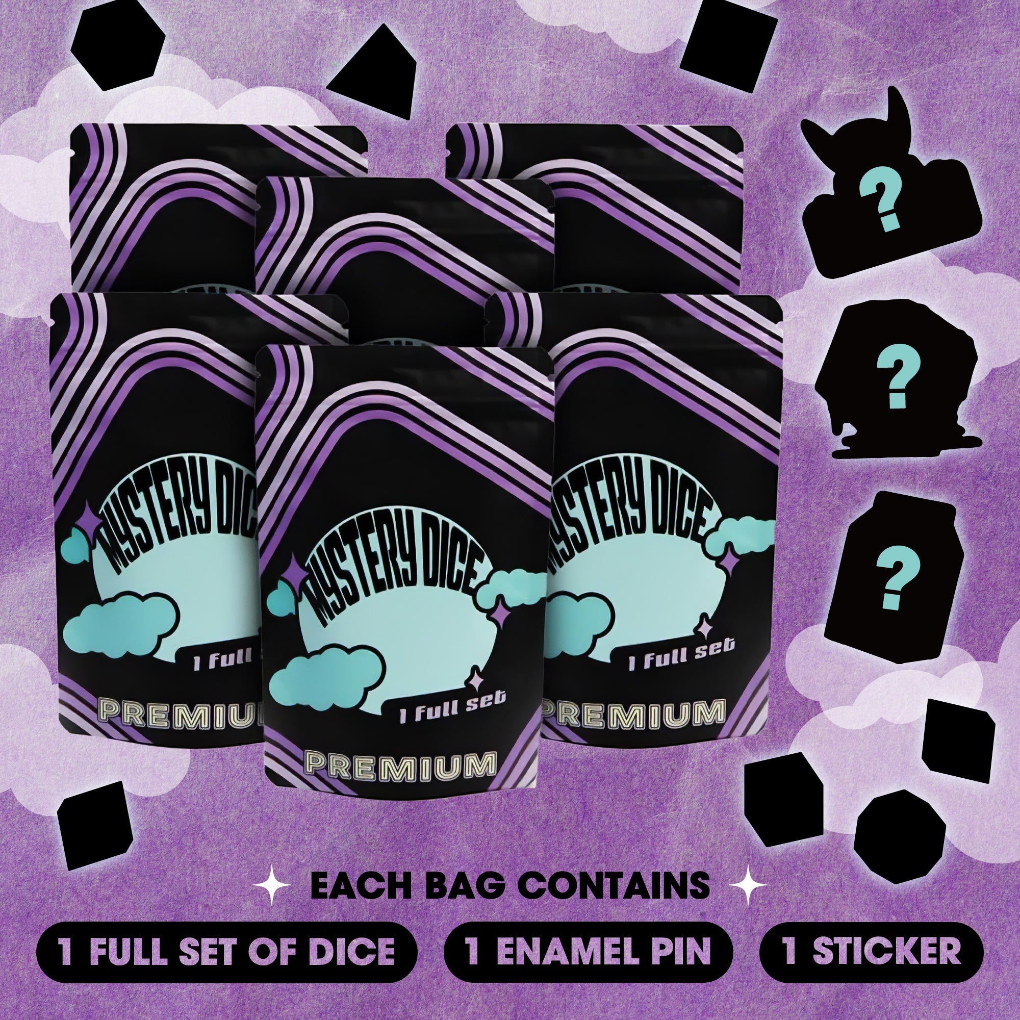 Premium Mystery Dice 6 Pack – Dice, Pins, and Stickers! No Duplicates!