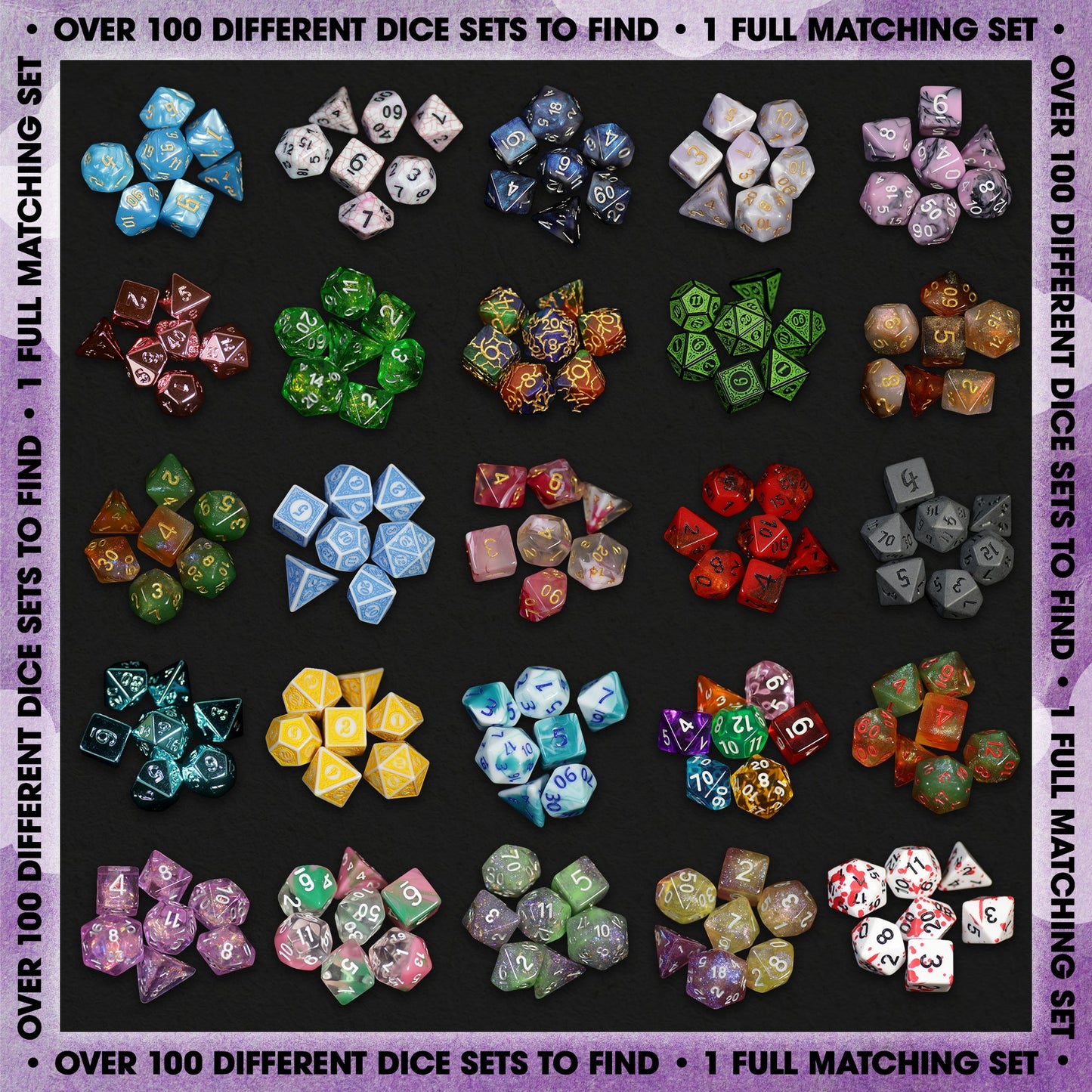 Premium Mystery Dice Set – 100's of different dice, stickers and pins! Handpacked in Portland, OR.