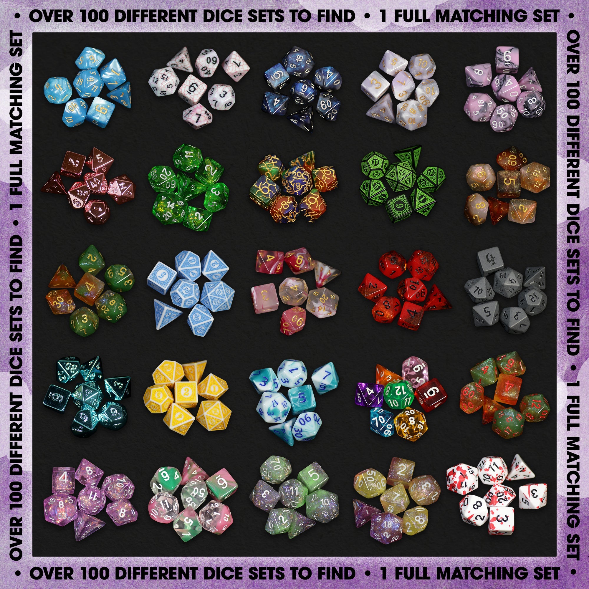 Premium Mystery Dice 6 Pack – Dice, Pins, and Stickers! No Duplicates!