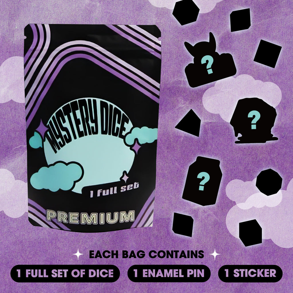 Premium Mystery Dice Set – 100's of different dice, stickers and pins! Handpacked in Portland, OR.