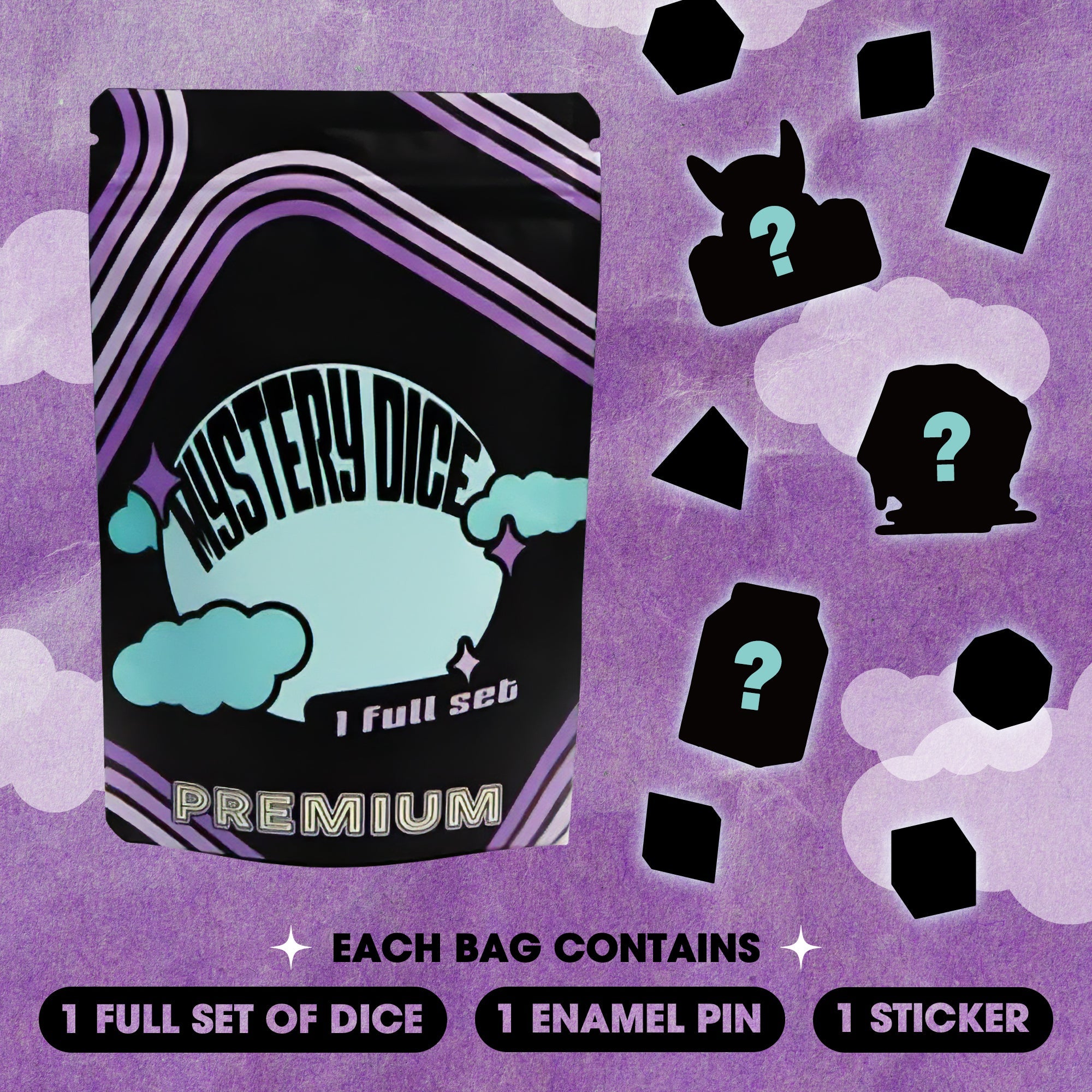 Premium Mystery Dice Set – 100's of different dice, stickers and pins! Handpacked in Portland, OR.