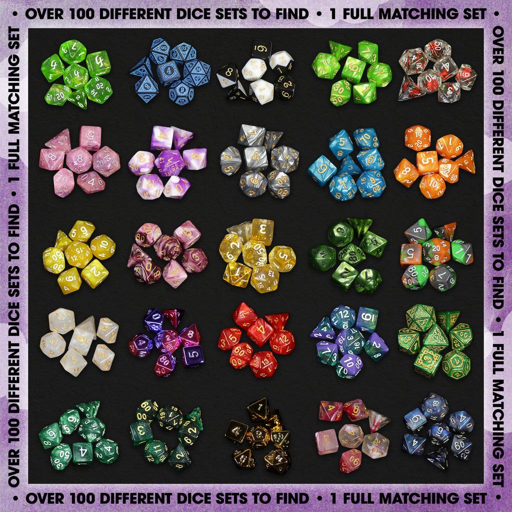 Premium Mystery Dice Set – 100's of different dice, stickers and pins! Handpacked in Portland, OR.