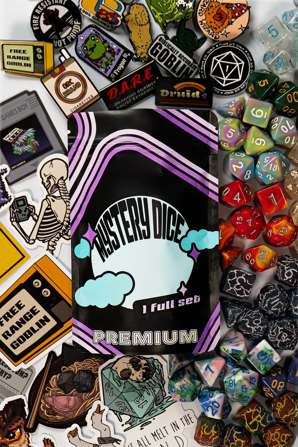 Premium Mystery Dice Set – 100's of different dice, stickers and pins! Handpacked in Portland, OR.