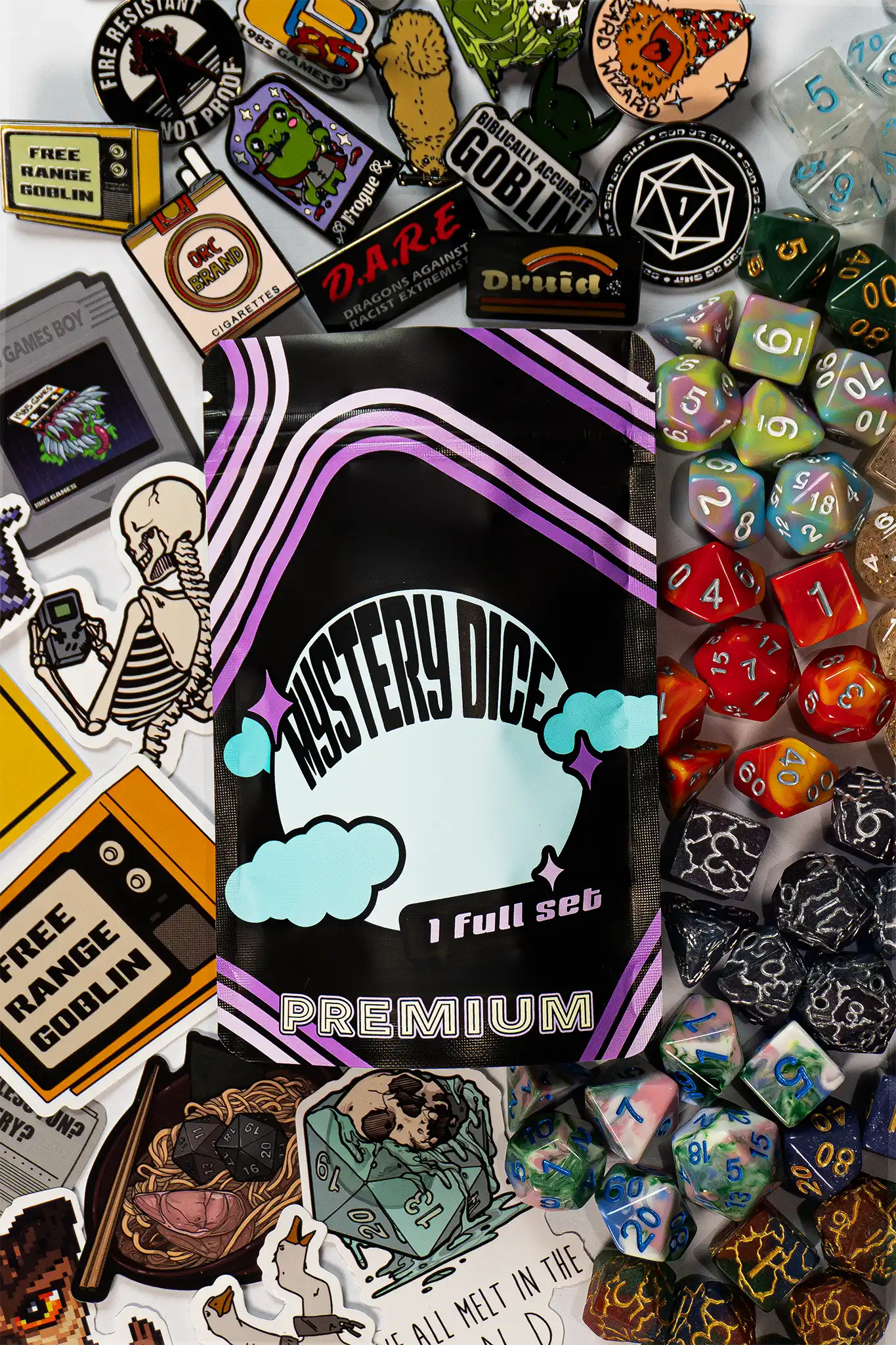 Premium Mystery Dice Set – 100's of different dice, stickers and pins! Handpacked in Portland, OR.