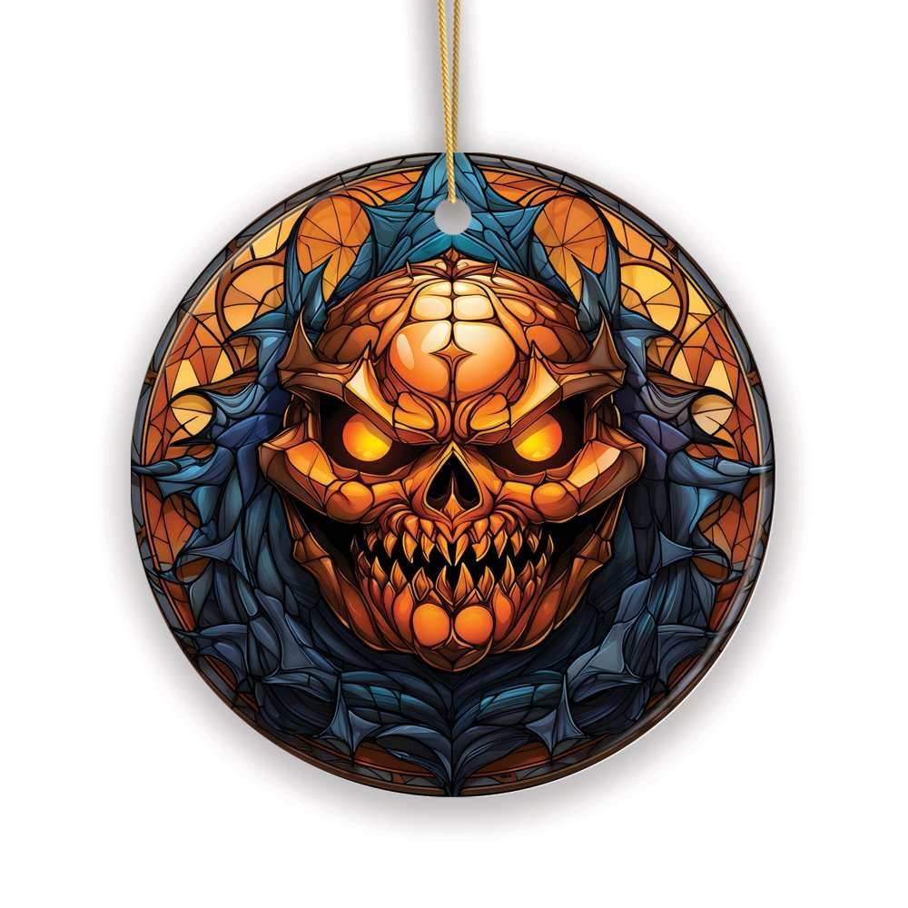 Pumpkin Skull with Glowing Red Eyes Stained Glass Style Ceramic Ornament, Halloween Themed Christmas Gift and Decor - Circle