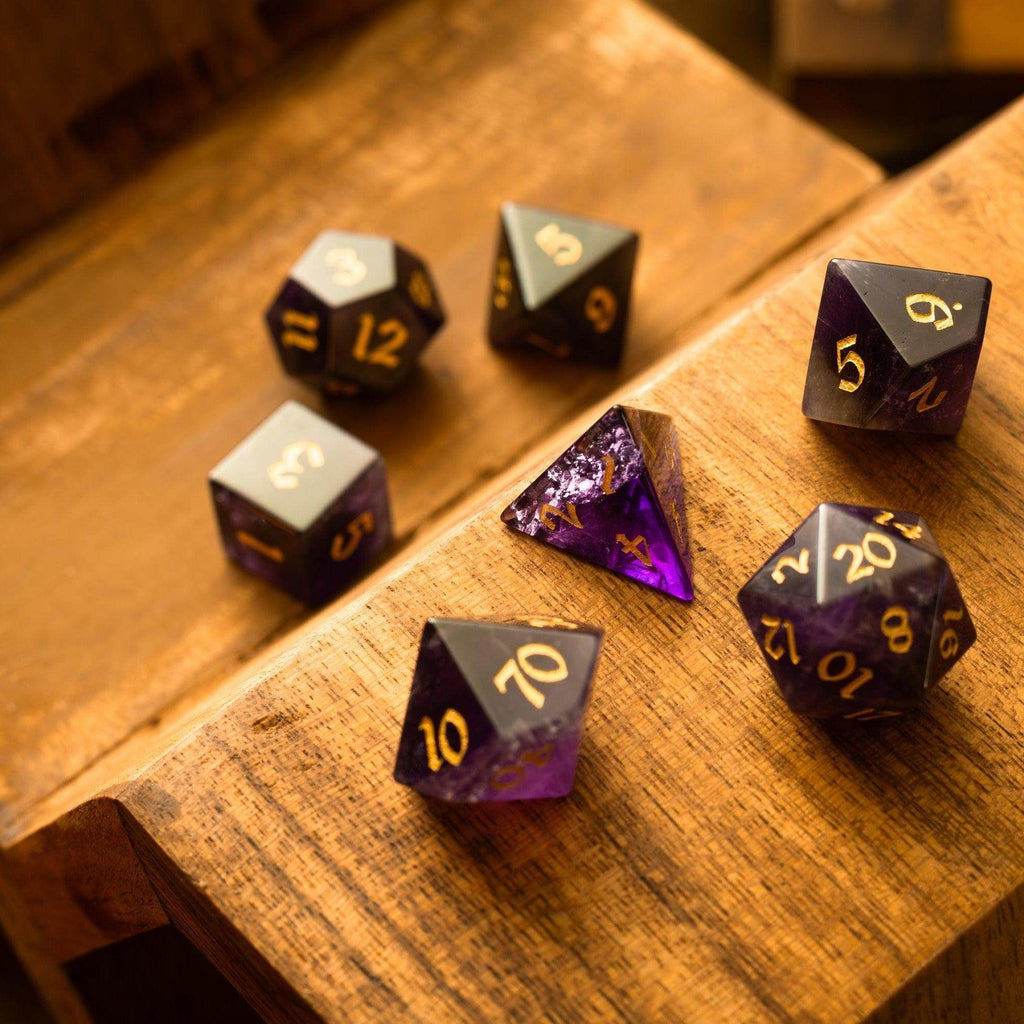 Purple Gemstone Amethyst DND Dice Set - Full Set And Free Dice Box