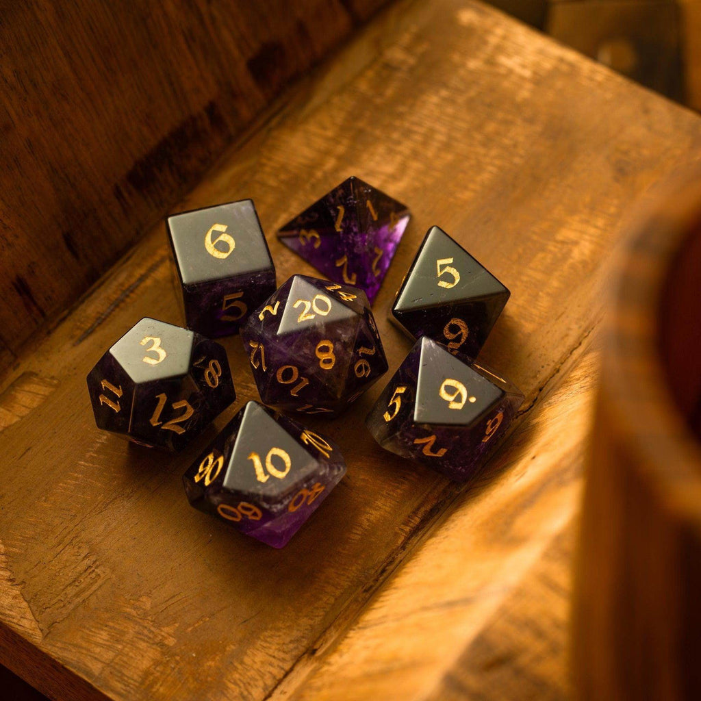 Purple Gemstone Amethyst DND Dice Set - Full Set And Free Dice Box