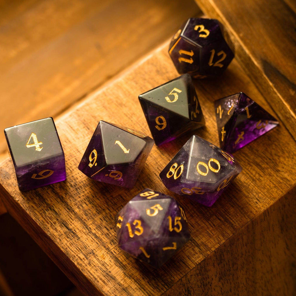 Purple Gemstone Amethyst DND Dice Set - Full Set And Free Dice Box
