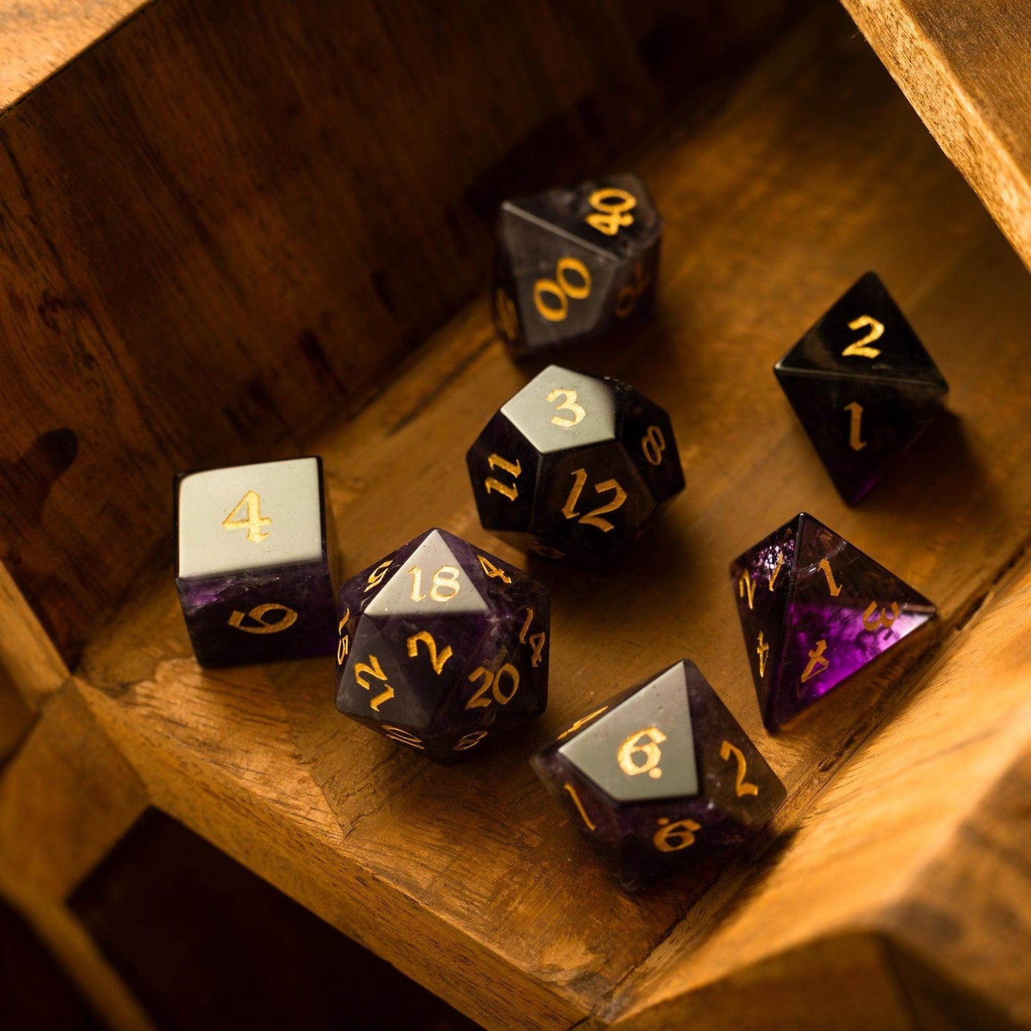Purple Gemstone Amethyst DND Dice Set - Full Set And Free Dice Box