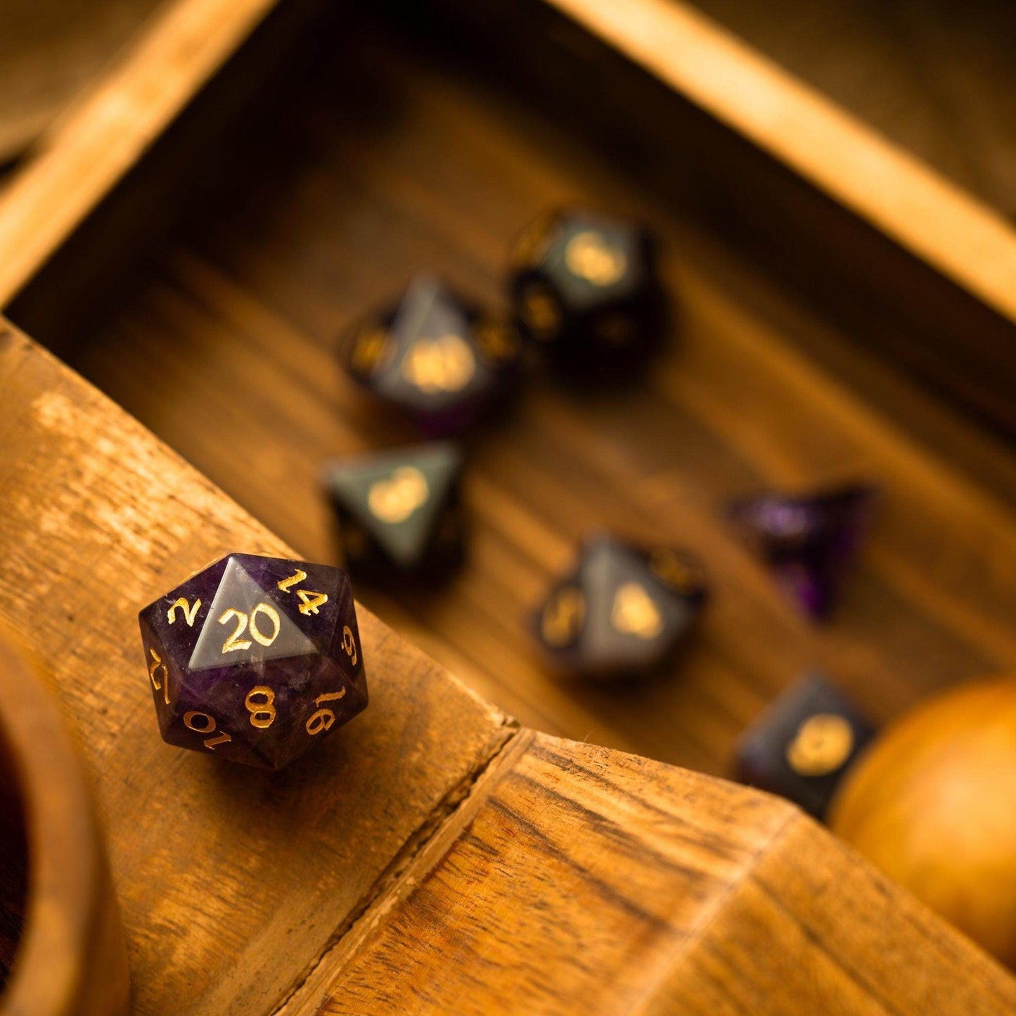 Purple Gemstone Amethyst DND Dice Set - Full Set And Free Dice Box