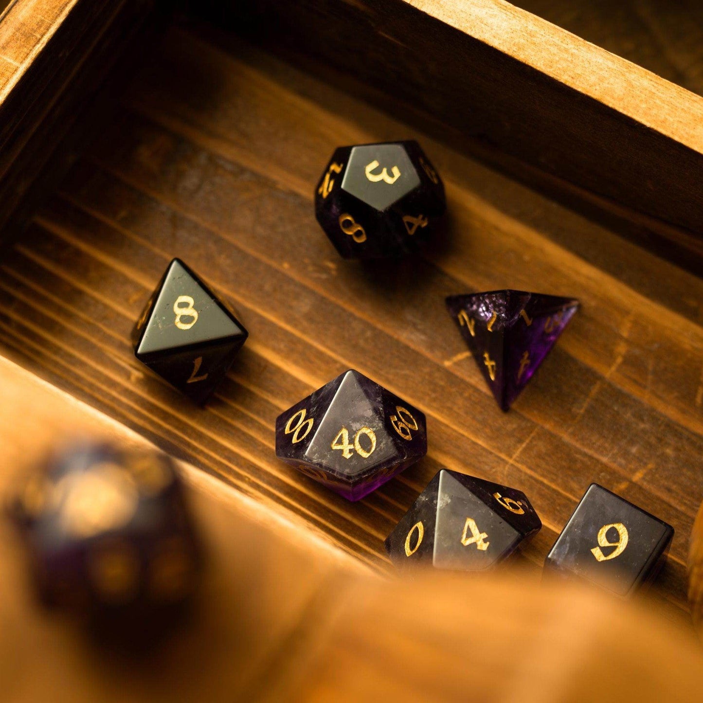 Purple Gemstone Amethyst DND Dice Set - Full Set And Free Dice Box