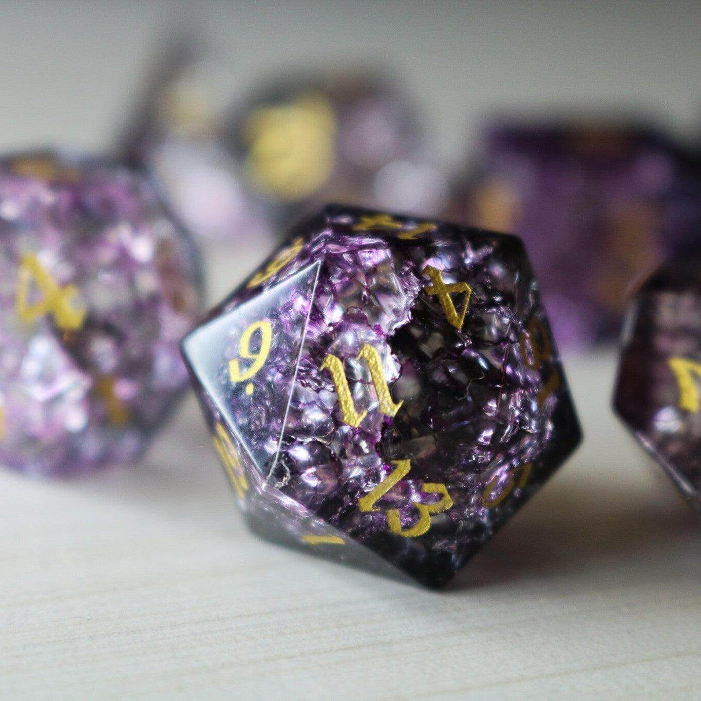 Purple Purge Forge Fire Glass DND Dice Set - Full Set And Free Dice Box