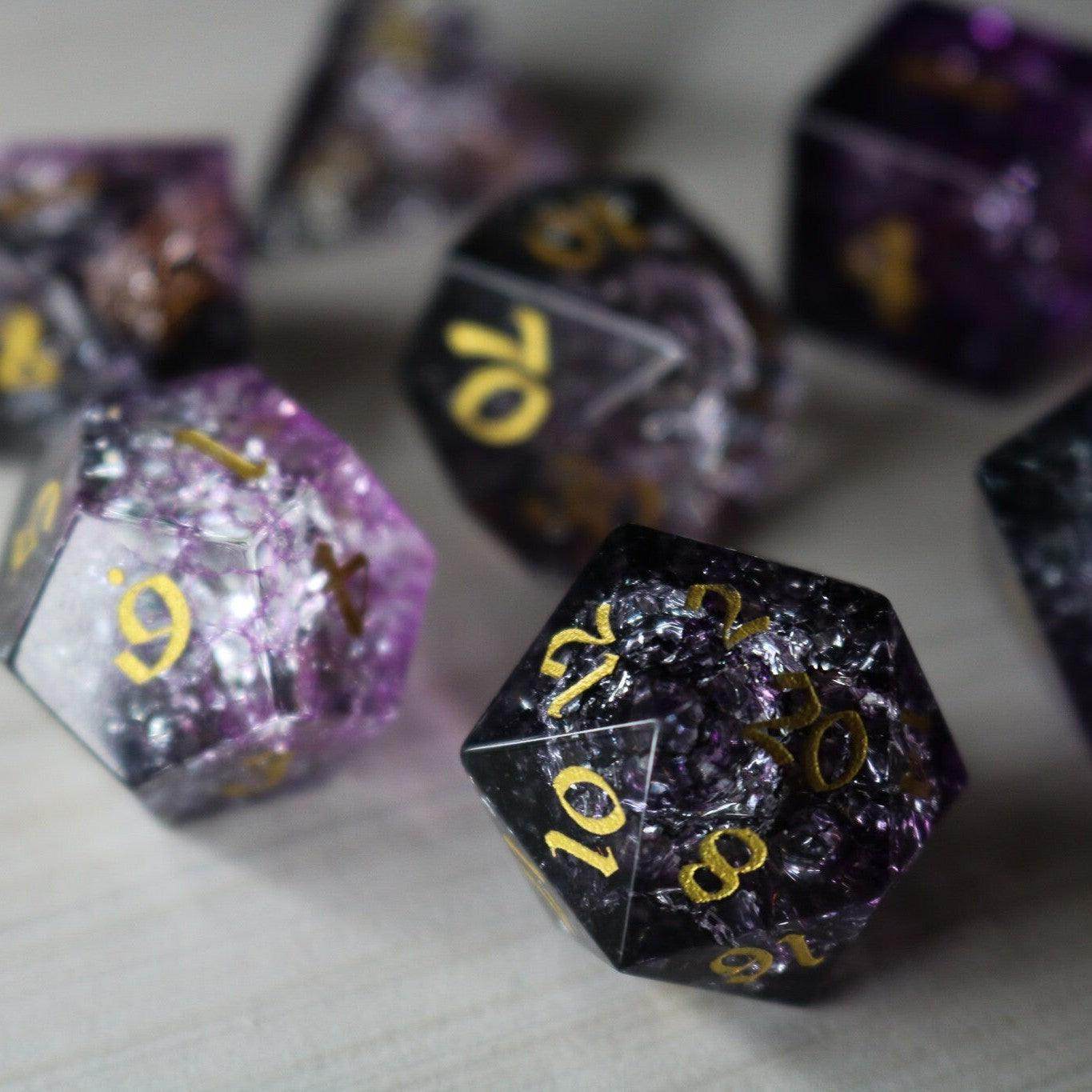 Purple Purge Forge Fire Glass DND Dice Set - Full Set And Free Dice Box