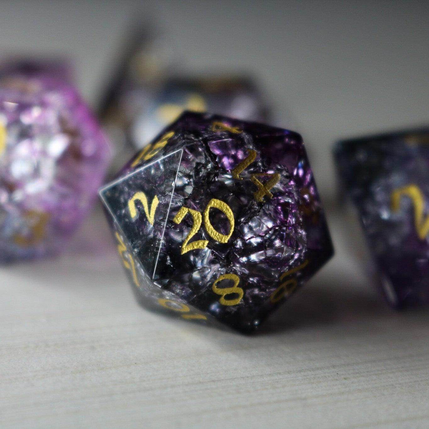 Purple Purge Forge Fire Glass DND Dice Set - Full Set And Free Dice Box