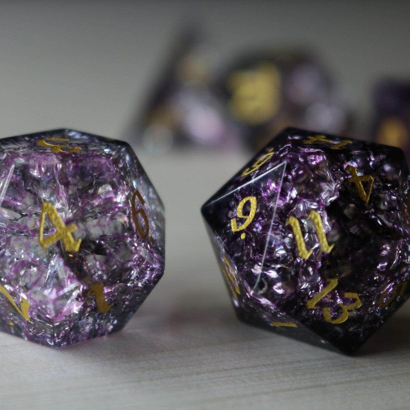 Purple Purge Forge Fire Glass DND Dice Set - Full Set And Free Dice Box
