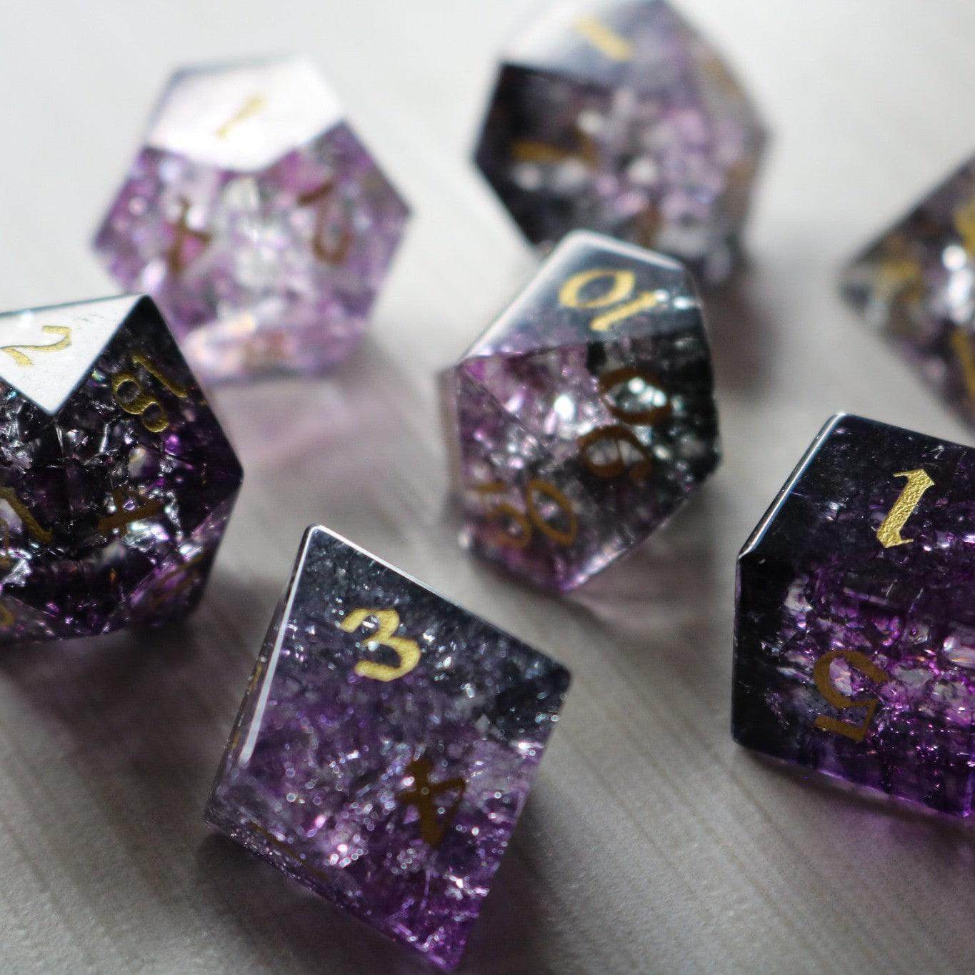Purple Purge Forge Fire Glass DND Dice Set - Full Set And Free Dice Box