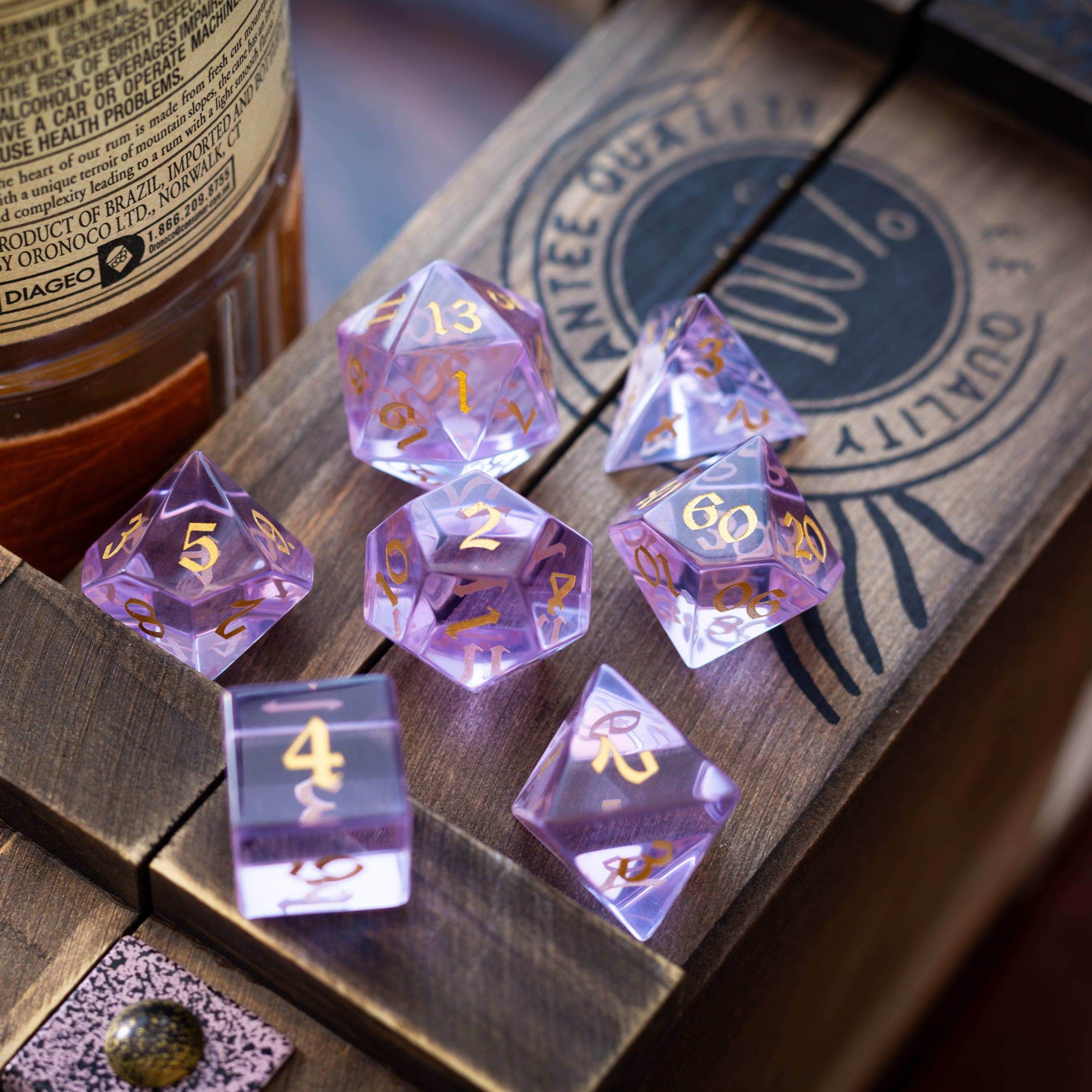 Purple Zircon Glass Hand Carved DND Dice Set - Full Set And Free Dice Box