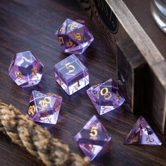 Purple Zircon Glass Hand Carved DND Dice Set - Full Set And Free Dice Box