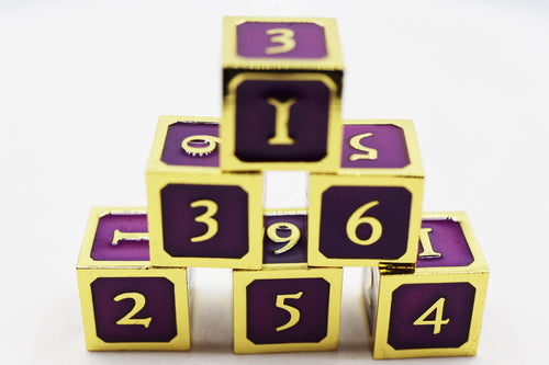 6 piece Metal D6's - Purple and Gold - 
