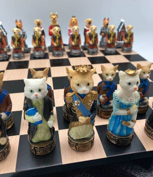 Chess Set - Cats & Dogs Resin Chessmen on Black/Maple Chest - 
